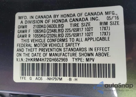 2016 Honda Cr-V Ex-L from USA, damaged, VIN 2HKRM4H72GH662969